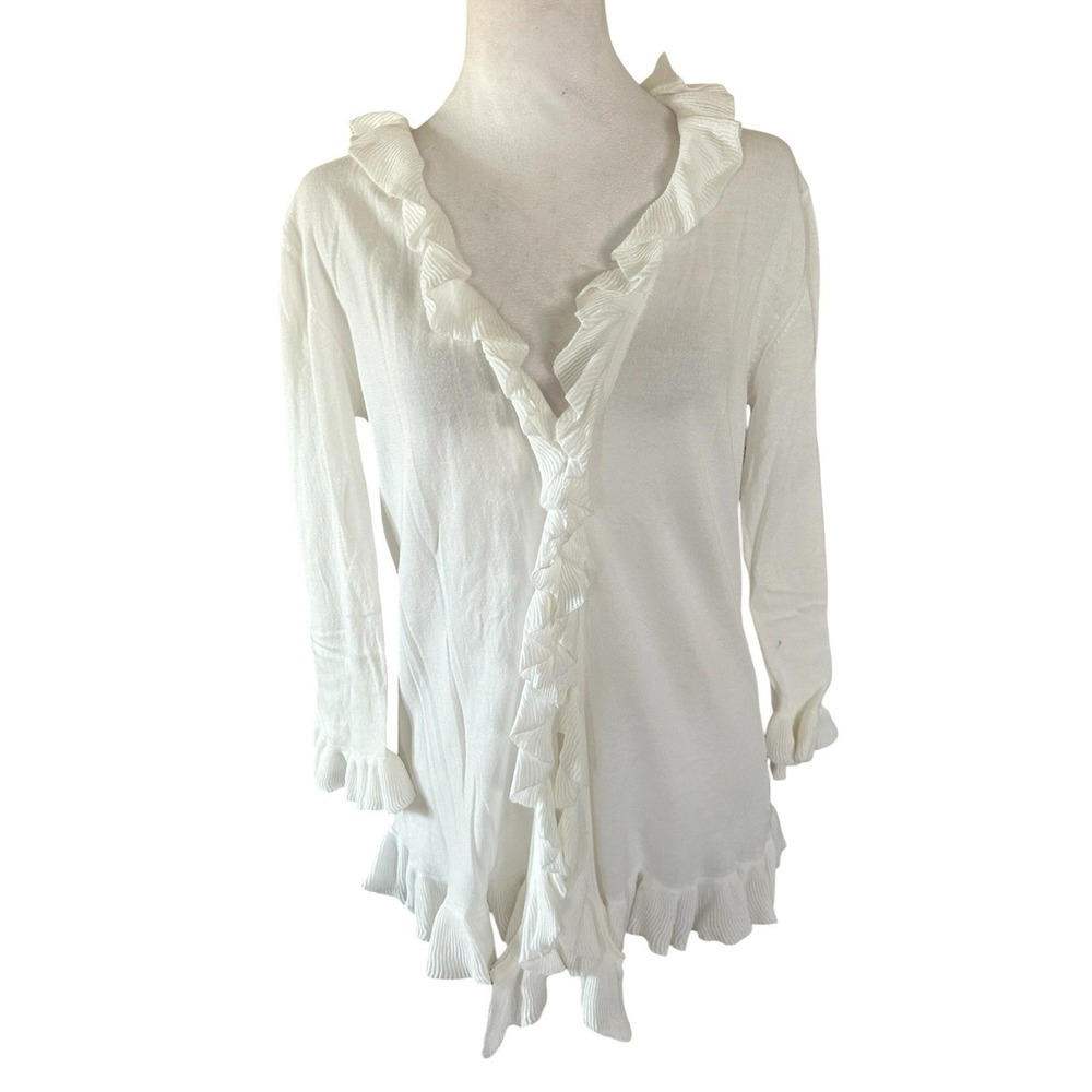 Dress Barn Ruffled Open Front Cardigan White Womans Sz L